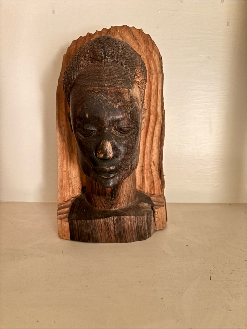 Vintage Hand-Carved Wooden Tribal Bust Bookend Sculpture